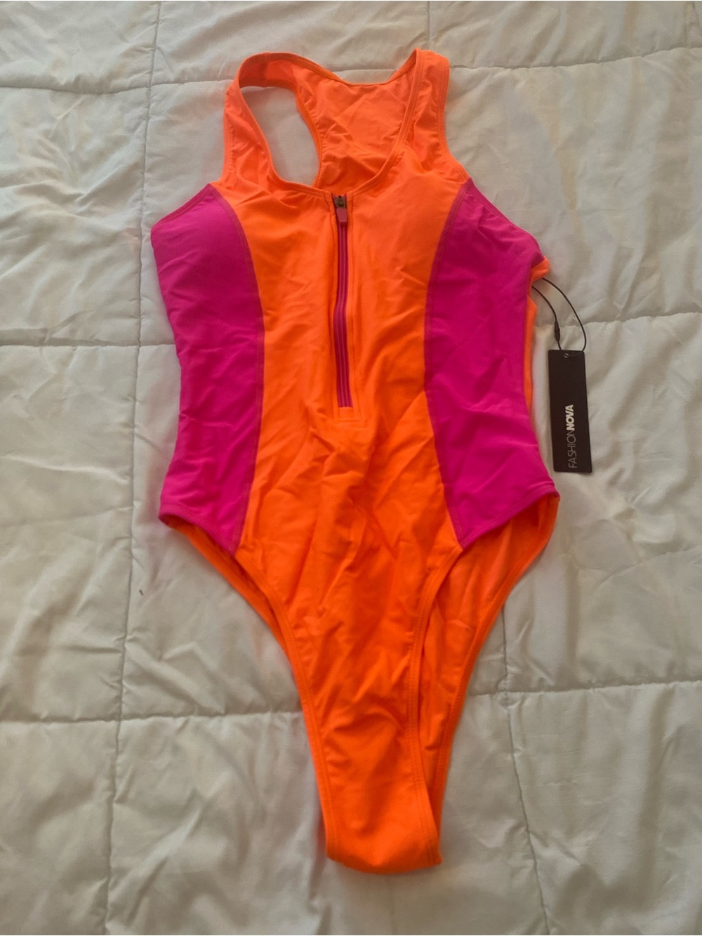 Fashion Nova Neon Orange & Hot Pink Zip-Front One-Piece Swimsuit